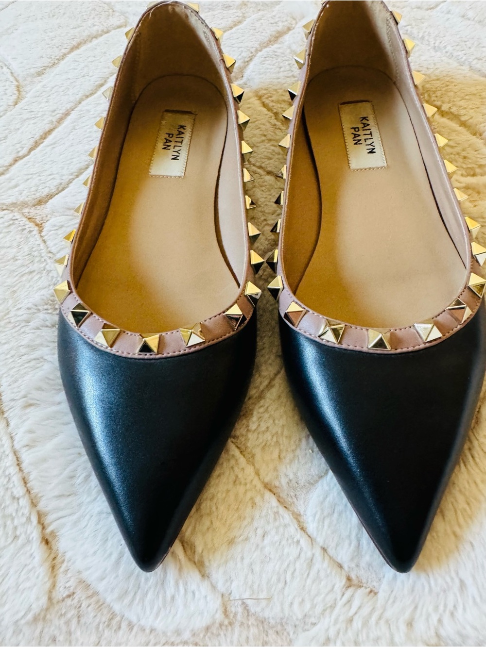 Kaitlyn Black Pointed Stud-Trim Ballet Flats with Blush Accent